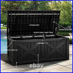 120 Gallon Large Deck Box withFlexible Divider & Net, Resin Outdoor Storage Boxes