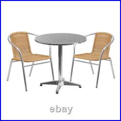 27.5 Round Aluminum Garden Patio Table Set with 2 Rattan Chairs