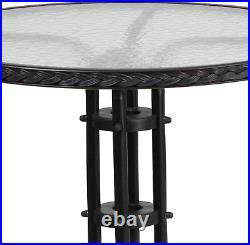 28'' round Glass Metal Table with Black Rattan Edging and 2 Black Rattan Stack C