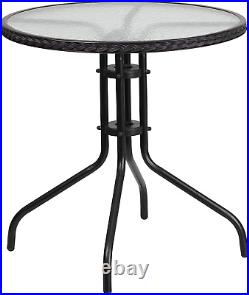 28'' round Glass Metal Table with Black Rattan Edging and 2 Black Rattan Stack C