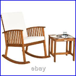 2PCS Acacia Wood Patio Rocking Chair Table Set Rocker Cushioned Coffee Table