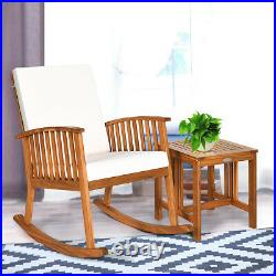 2PCS Acacia Wood Patio Rocking Chair Table Set Rocker Cushioned Coffee Table