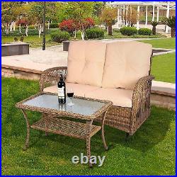 2PCS Outdoor Wicker Patio Glider Rocker Set 2-Person With Loveseat Coffee Table