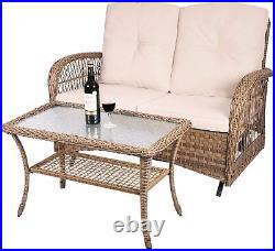 2PCS Outdoor Wicker Patio Glider Rocker Set 2-Person With Loveseat Coffee Table