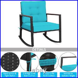 2PCS Patio Rattan Rocker Chair Outdoor Wicker Rocking Chair withTurquoise Cushion