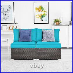 2PCS Patio Wicker Rattan Sectional Armless Chair Sofa with Turquoise Cushion