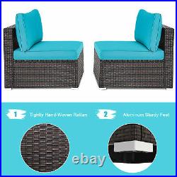 2PCS Patio Wicker Rattan Sectional Armless Chair Sofa with Turquoise Cushion