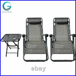 2PCS Zero Gravity Folding Adjustable Patio Beach Lounge Chairs & Table Black