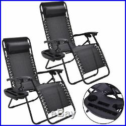 2PC Zero Gravity Chairs Lounge Patio Folding Recliner Outdoor Black WithCup Holder