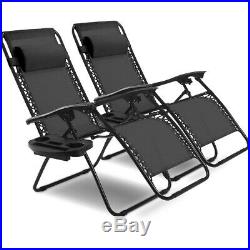 2PC Zero Gravity Chairs Lounge Patio Folding Recliner Outdoor Black WithCup Holder