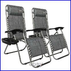 2PC Zero Gravity Folding Patio Lounge Beach Chairs with Cup Holder / Headrest Grey