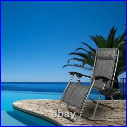 2PC Zero Gravity Folding Patio Lounge Beach Chairs with Cup Holder / Headrest Grey