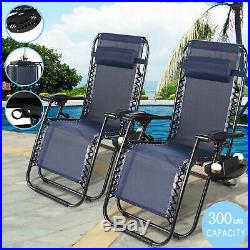 2 Folding Recline Zero Gravity Chairs Garden Lounge Beach Camp Portable WithTrays