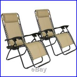 2 Folding Zero Gravity Reclining Lounge Chairs+Utility Tray Outdoor Beach Patio