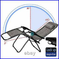 2 Gray Zero Gravity Chairs Chaise Lounge Garden Beach Camping Folding Recliner