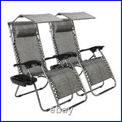 2 Heavy Duty Zero Gravity Folding Lounge Beach Chair with Canopy + Cup Holder Gray