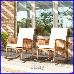 2 PCS Patio Outdoor Acacia Wood Rocking Chair With Cushion Solid Wood Garden Deck