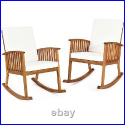 2 PCS Patio Outdoor Acacia Wood Rocking Chair With Cushion Solid Wood Garden Deck