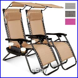 2 Pcs Zero Gravity Folding Lounge Beach Chairs WithCanopy Magazine Cup Holder