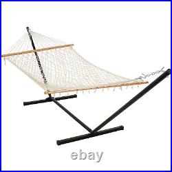 2-Person Cotton Rope Hammock with Steel Stand Natural by Sunnydaze