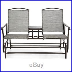 2-Person Outdoor Mesh Fabric Patio Double Glider with Tempered Glass Table (Gray)
