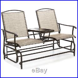 2-Person Outdoor Mesh Fabric Patio Double Glider with Tempered Glass Table (Tan)