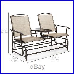 2-Person Outdoor Mesh Fabric Patio Double Glider with Tempered Glass Table (Tan)