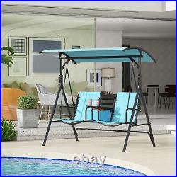 2 Person Outdoor Swing Chair for Porch, Patio, Storage, Tray, Cup Holders, Blue