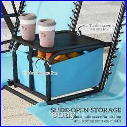 2 Person Outdoor Swing Chair for Porch, Patio, Storage, Tray, Cup Holders, Blue