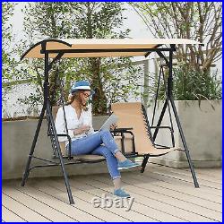 2 Person Steel Outdoor Porch Swing Chair Patio Bench with Storage Canopy, Beige