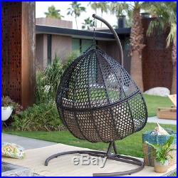 2 Seat Resin Wicker Hanging Teardrop Egg Swing Stand Set Outdoor Furniture Home
