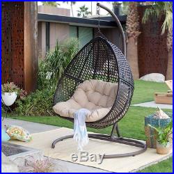 2 Seat Resin Wicker Hanging Teardrop Egg Swing Stand Set Outdoor Furniture Home