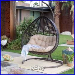 2 Seat Resin Wicker Hanging Teardrop Egg Swing Stand Set Outdoor Patio Furniture