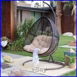 2 Seat Resin Wicker Hanging Teardrop Egg Swing Stand Set Outdoor Patio Furniture