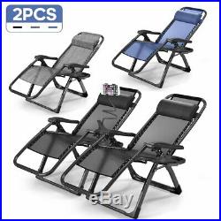 2 Zero Gravity Folding Lounge Patio Chairs withDrink Holder Beach Outdoor Recliner