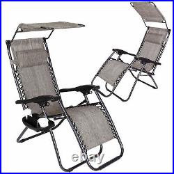 2 Zero Gravity Recline Chairs Folding Garden Camping Beach Sun Lounger WithCanopy
