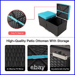 2 pcs Outdoor PE Rattan Patio Ottoman Wicker Storage Footrest Seat Cushions Set