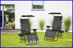 2x Zero Gravity Chair With Sunshade Sunlounger Outdoor Garden Folding Black