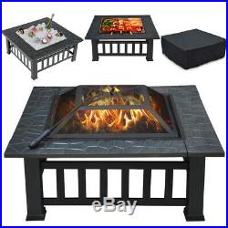 32 Outdoor Metal Firepit Backyard Patio Garden Square Stove Fire Pit Mesh Cover