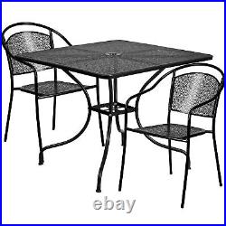 35.5in Square Metal Patio Table Set with 2 Round Back Chairs Black