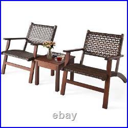 3PCS Outdoor Patio Rattan Furniture Set Solid Wood Frame Chair Coffee Table