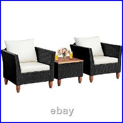 3PCS Outdoor Patio Rattan Furniture Set Wooden Table Top Cushioned Sofa White