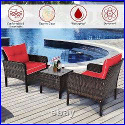 3PCS Outdoor Rattan Conversation Set Patio Furniture Cushioned Sofa Chair Red