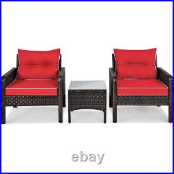 3PCS Outdoor Rattan Conversation Set Patio Furniture Cushioned Sofa Chair Red