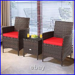 3PCS Outdoor Rattan Conversation Set Patio Furniture Set with Red Cushions