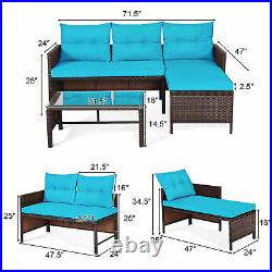 3PCS Outdoor Rattan Furniture Set Patio Couch Sofa Set with Turquoise Cushion