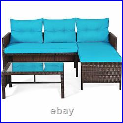 3PCS Outdoor Rattan Furniture Set Patio Couch Sofa Set with Turquoise Cushion