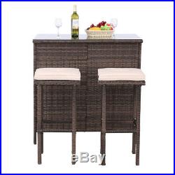 3PCS Outdoor Wicker Bar Set Patio Furniture Table & 2 Stools withCushions Brown
