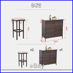 3PCS Outdoor Wicker Bar Set Patio Furniture Table & 2 Stools withCushions Brown