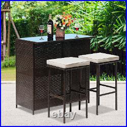 3PCS Patio Bar Set Outdoor Furniture Set Wicker Bistro Set with Two Stools for